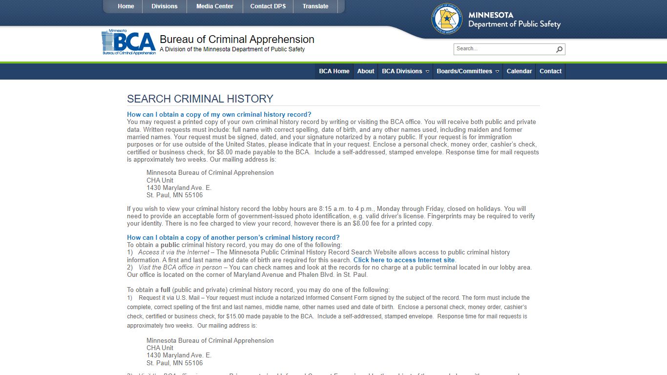 BCA Home - Search Criminal History - Minnesota